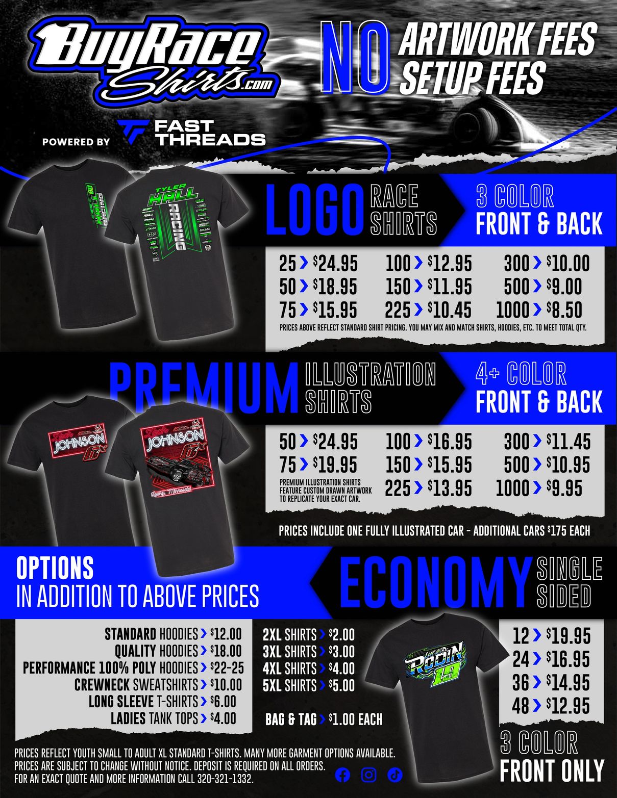 BuyRaceShirts.com bulk order pricing sheet showing logo race shirts, premium illustration shirts, economy single-sided shirts, and garment upgrade options with no artwork fees and no setup fees