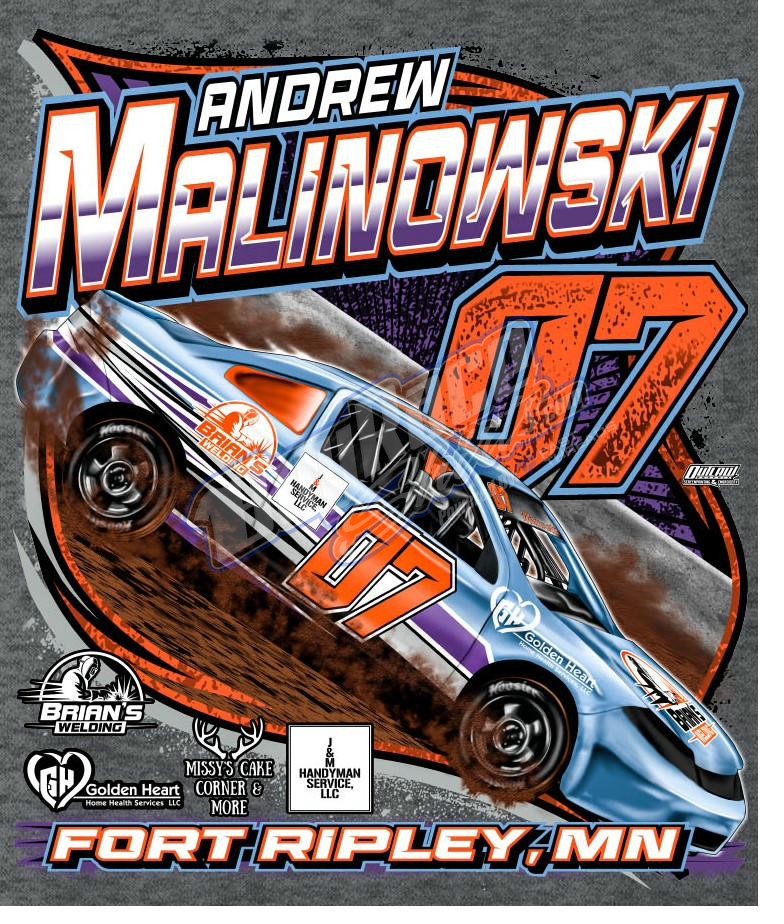 Custom dirt stock car shirt design - Andrew Malinowski number 07 blue and orange Fort Ripley MN