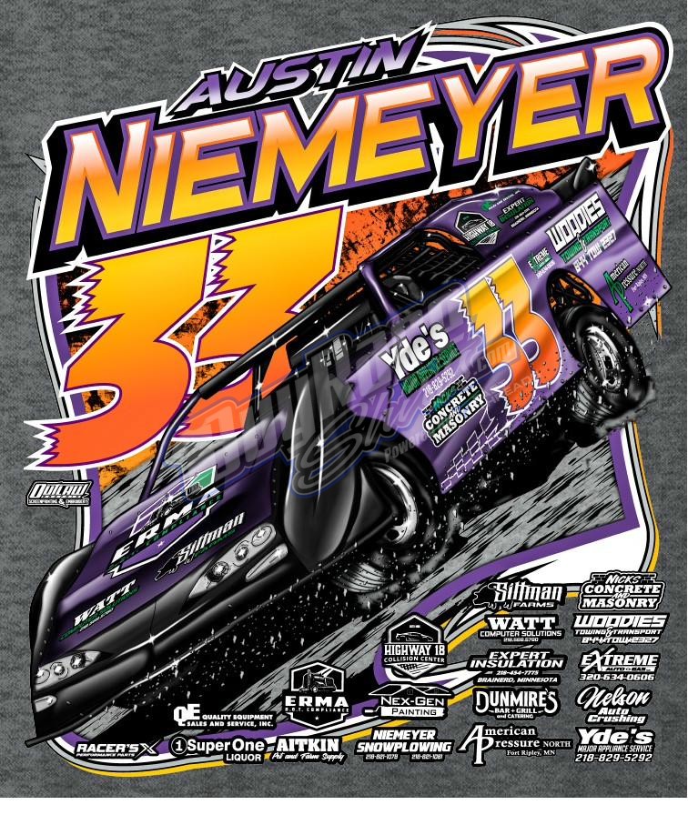 Custom dirt modified shirt design - Joe and Dylan Arndt number 52 and 44 orange J and D Motorsports