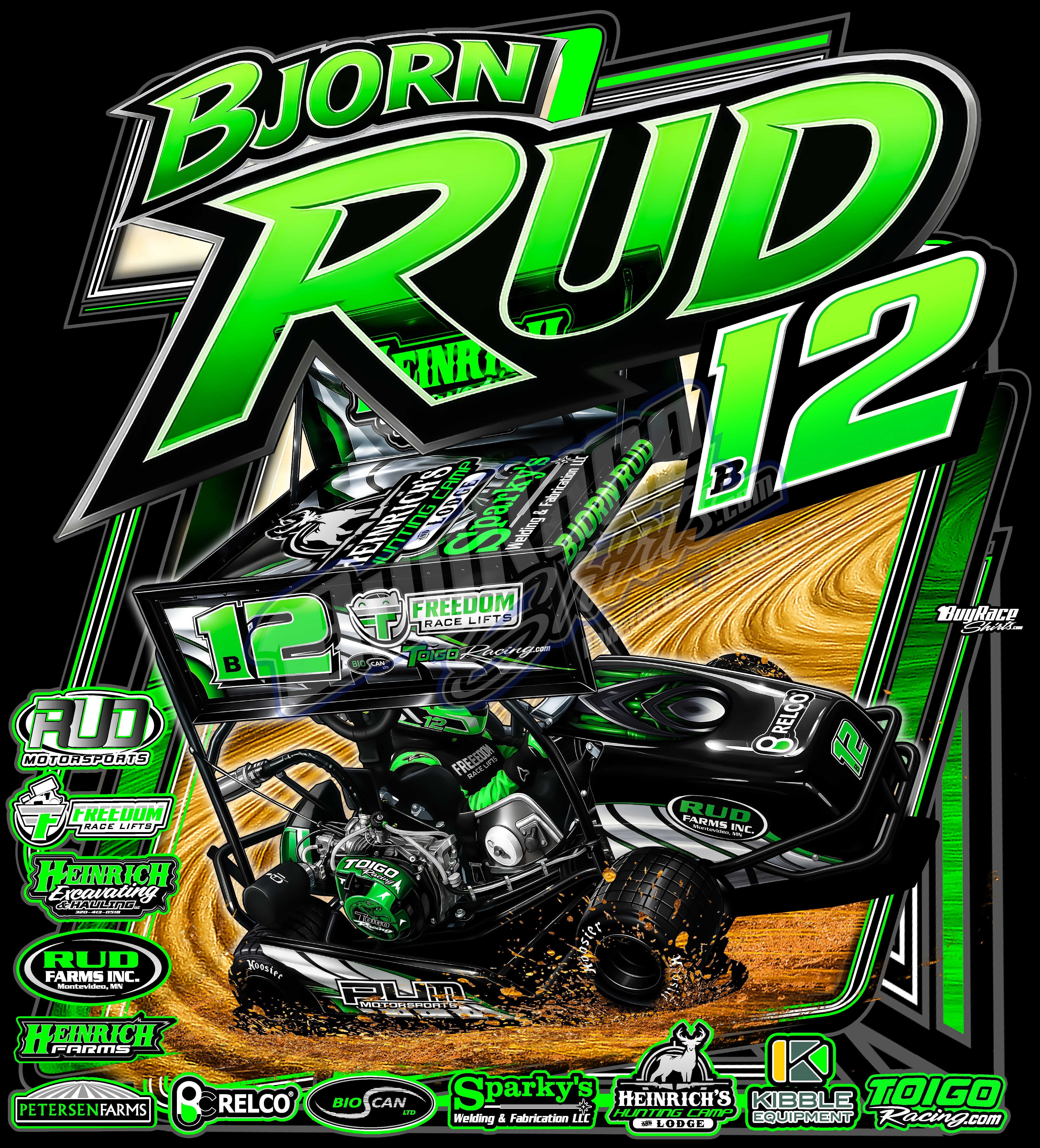 Custom winged go-kart racing shirt design - Bjorn Rud number 12B sprint kart with sponsor logos