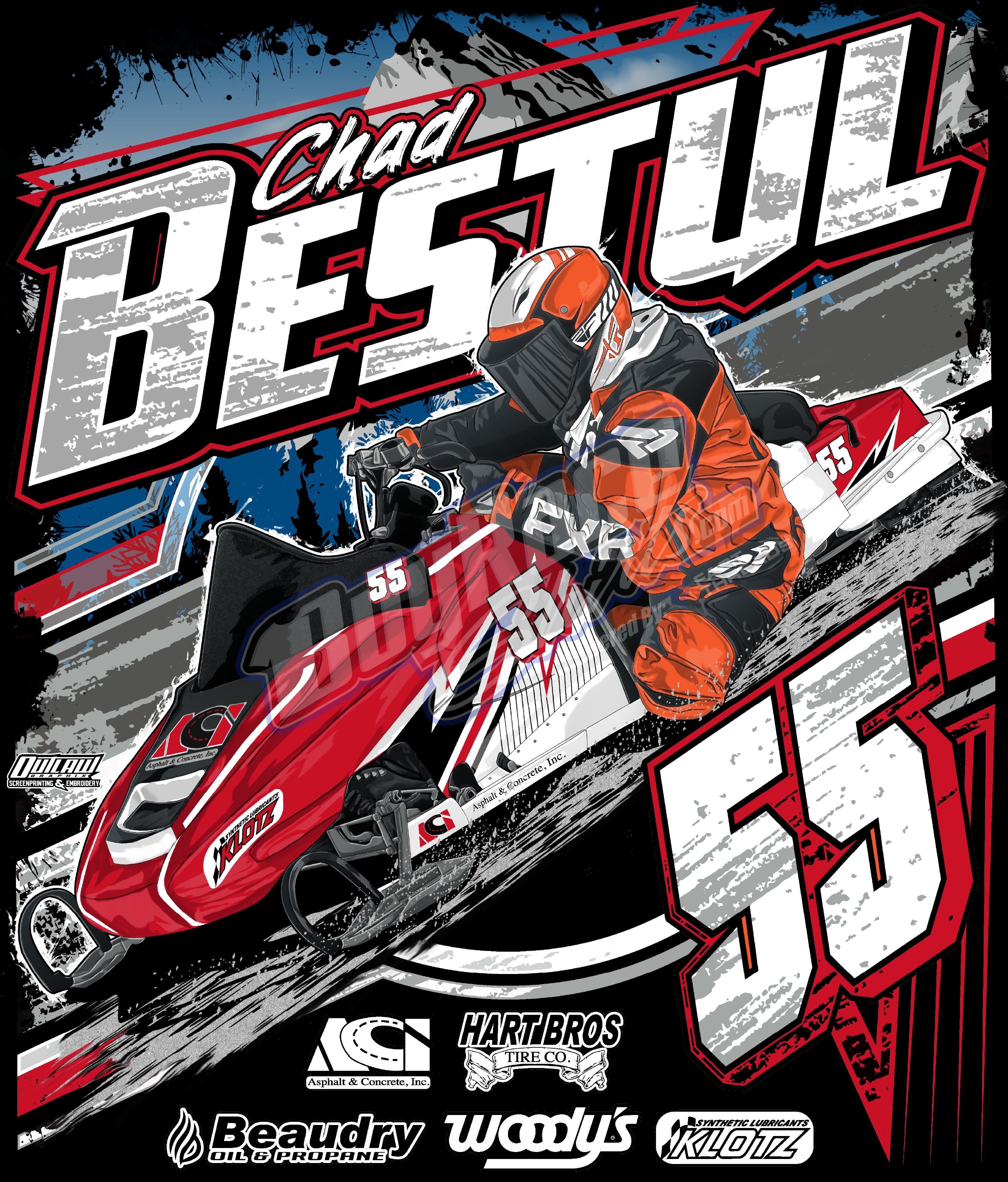 Custom snowmobile snocross racing shirt design - Chad Bestul number 55