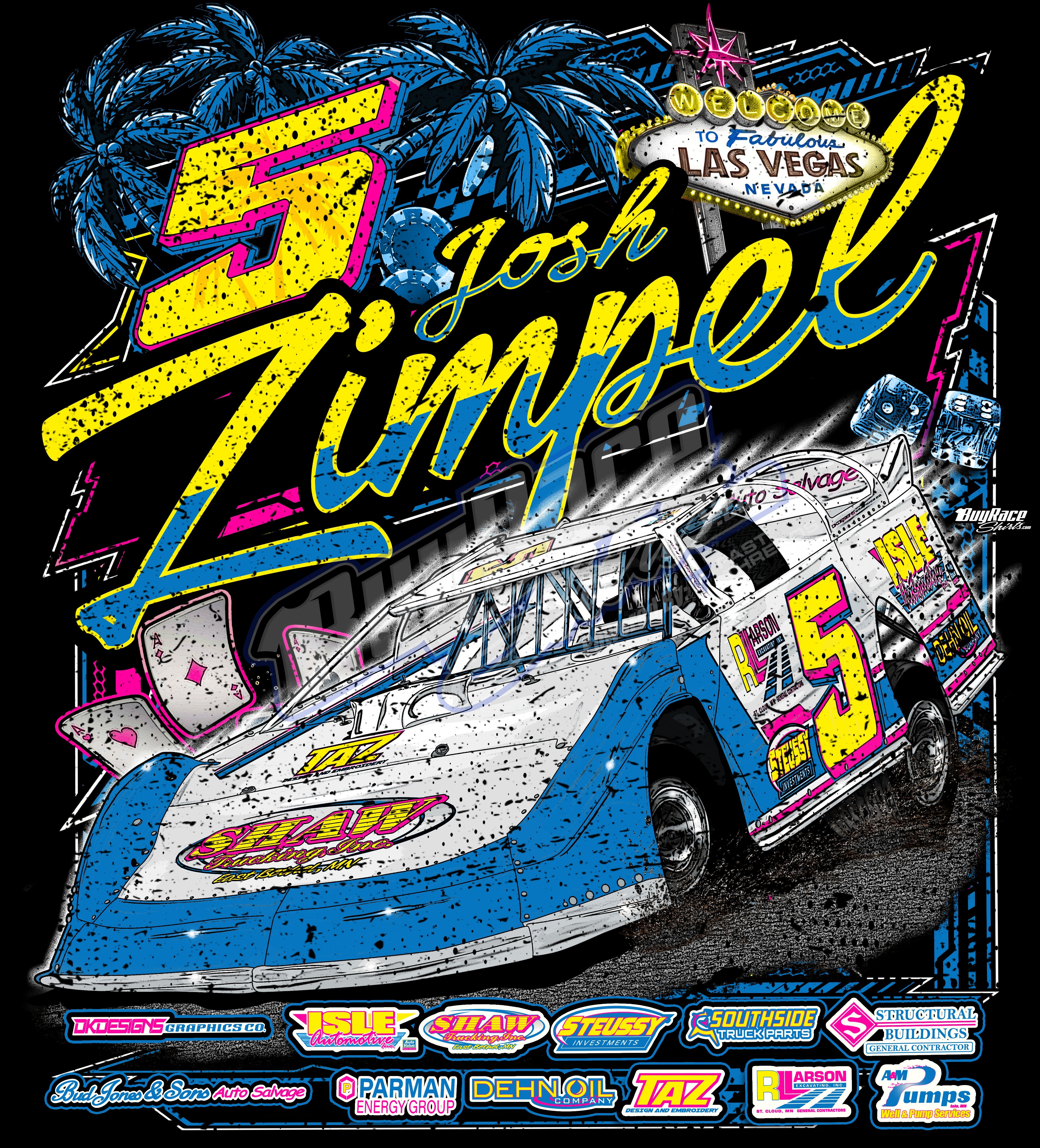 Custom WISSOTA late model racing shirt design - Josh Zimpel number 5 Las Vegas themed with sponsor logos