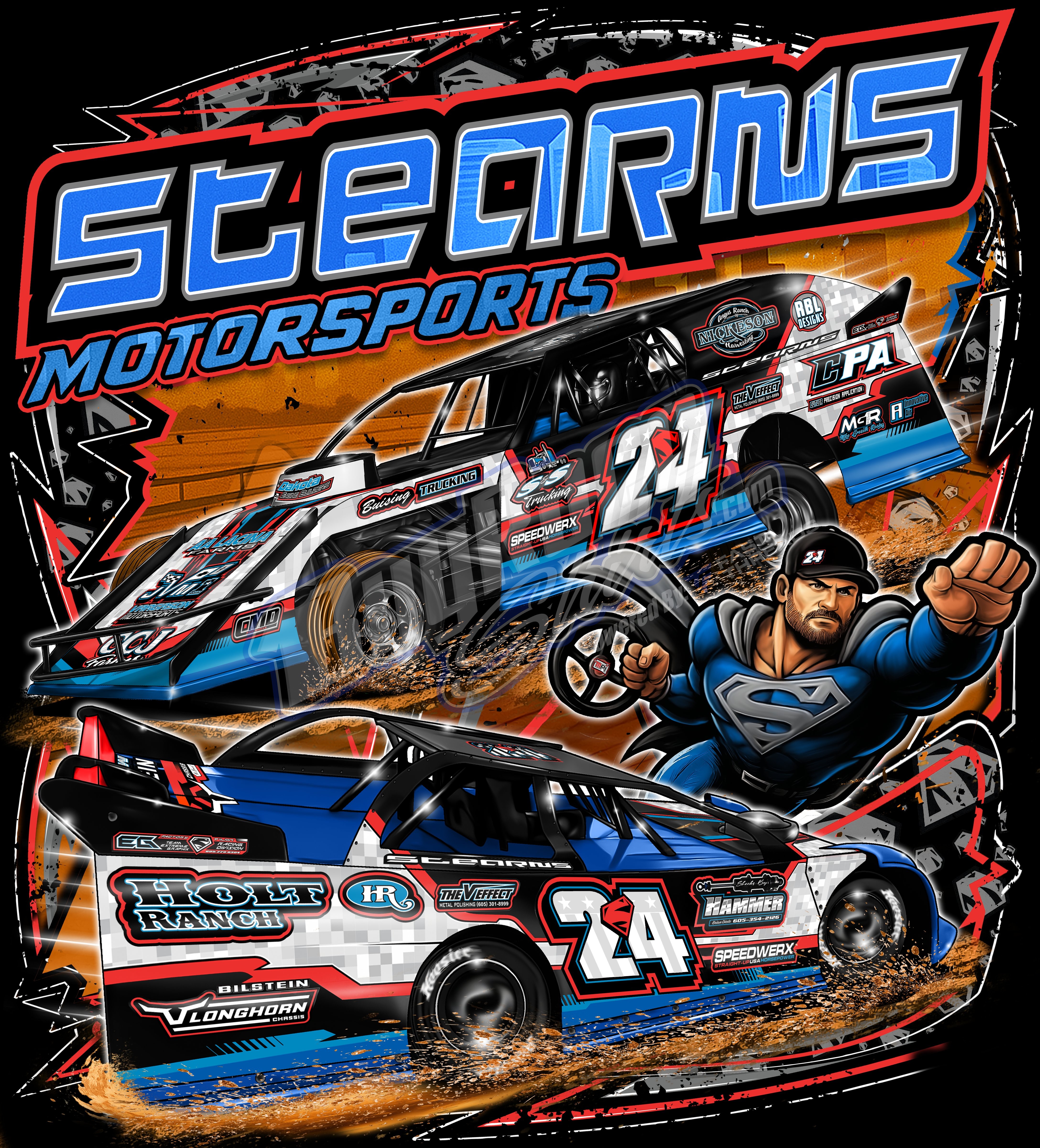 Custom WISSOTA late model and modified racing shirt design - Stearns Motorsports number 24 with superman caricature
